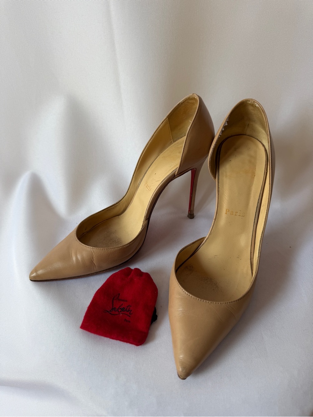 Christian Louboutin Beige Pointed-Toe Leather Pumps with Red Soles
